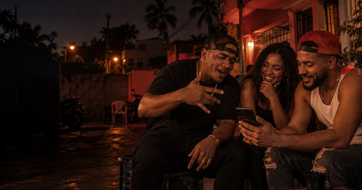 Three adult friends share a phone and brainstorm a playful freestyle video in a warmly lit neighborhood at night.