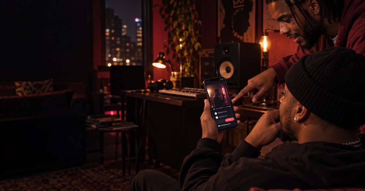 An adult creator and a friend review a vertical freestyle video on a phone in a warm, dimly lit music room.